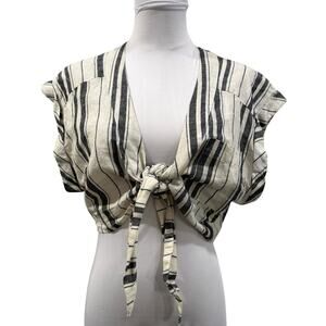 Free People Striped Tie Front Cropped Linen Blend Top Boho Cottagecore 6 NEW
